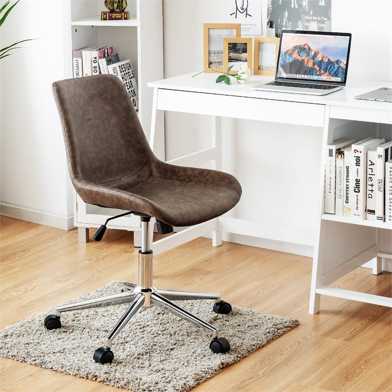 Pemberly Row PU Sponge & Steel Adjustable Mid Back Armless Office Chair in Brown