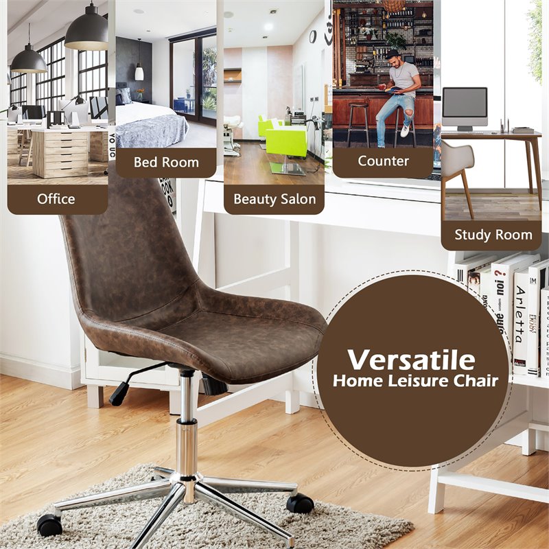 Pemberly Row PU Sponge & Steel Adjustable Mid Back Armless Office Chair in Brown