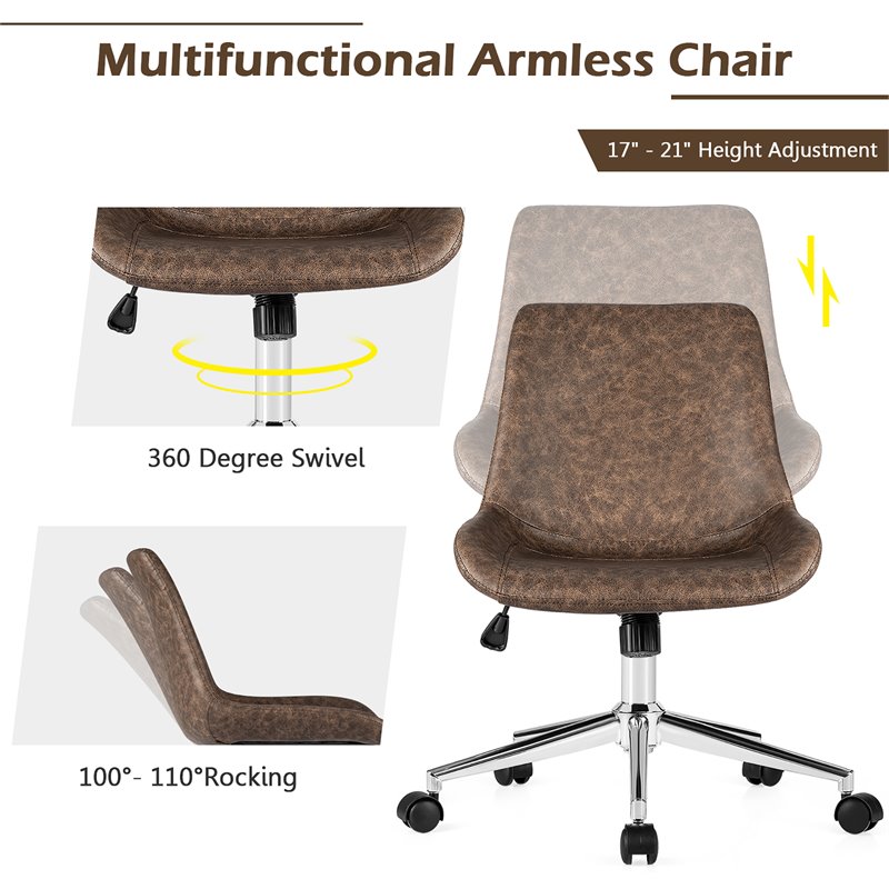 Pemberly Row PU Sponge & Steel Adjustable Mid Back Armless Office Chair in Brown