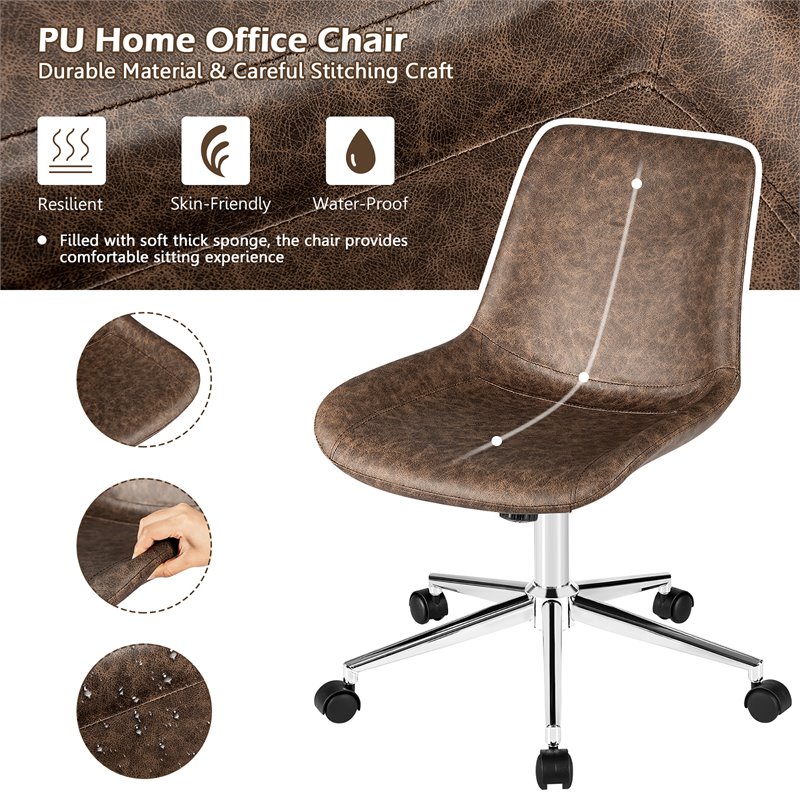 Pemberly Row PU Sponge & Steel Adjustable Mid Back Armless Office Chair in Brown