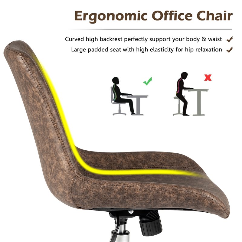 Pemberly Row PU Sponge & Steel Adjustable Mid Back Armless Office Chair in Brown