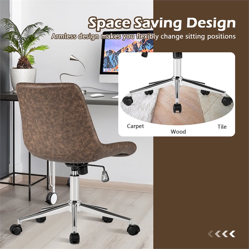 Pemberly Row PU Sponge & Steel Adjustable Mid Back Armless Office Chair in Brown