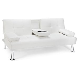 Pemberly Row Cup Holders/Armrests Convertible Folding Futon Sofa Bed in White