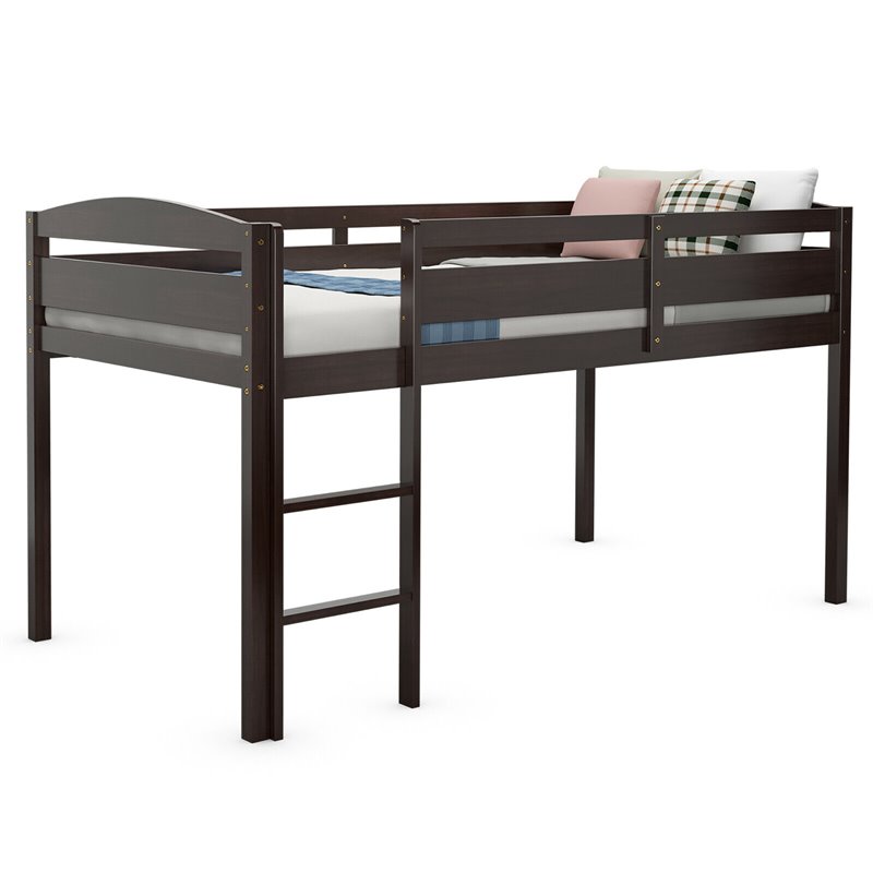 Pemberly Row Twin Low Loft Bunk Junior Bed w/ Wooden Guard Rail Ladder-Espresso