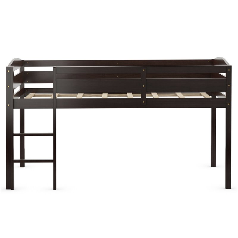 Pemberly Row Twin Low Loft Bunk Junior Bed w/ Wooden Guard Rail Ladder-Espresso