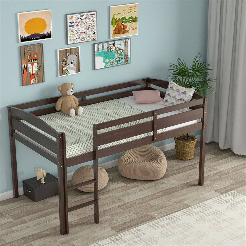 Pemberly Row Twin Low Loft Bunk Junior Bed w/ Wooden Guard Rail Ladder-Espresso