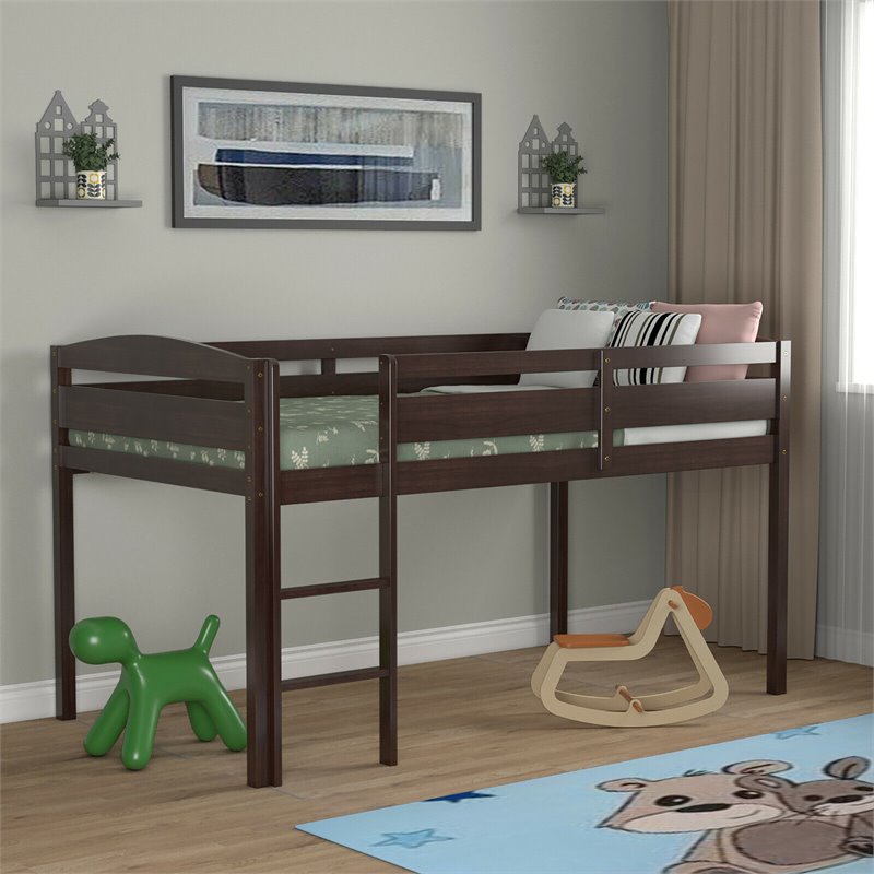 Pemberly Row Twin Low Loft Bunk Junior Bed w/ Wooden Guard Rail Ladder-Espresso