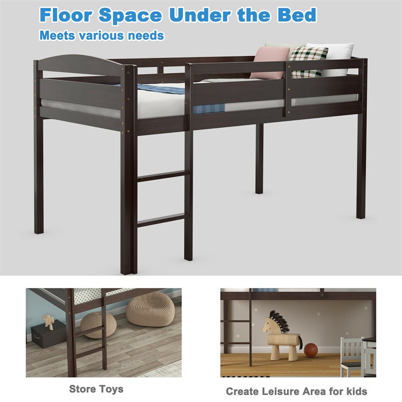 Pemberly Row Twin Low Loft Bunk Junior Bed w/ Wooden Guard Rail Ladder-Espresso