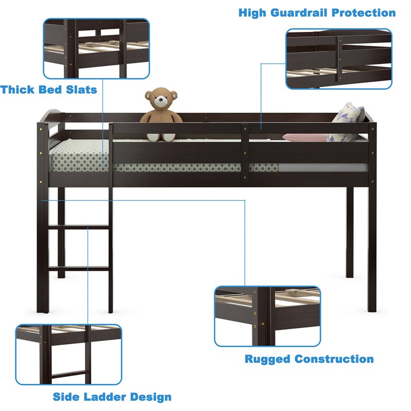 Pemberly Row Twin Low Loft Bunk Junior Bed w/ Wooden Guard Rail Ladder-Espresso