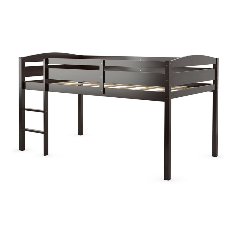 Pemberly Row Twin Low Loft Bunk Junior Bed w/ Wooden Guard Rail Ladder-Espresso