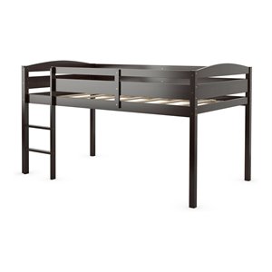 Pemberly Row Twin Low Loft Bunk Junior Bed w/ Wooden Guard Rail Ladder-Espresso