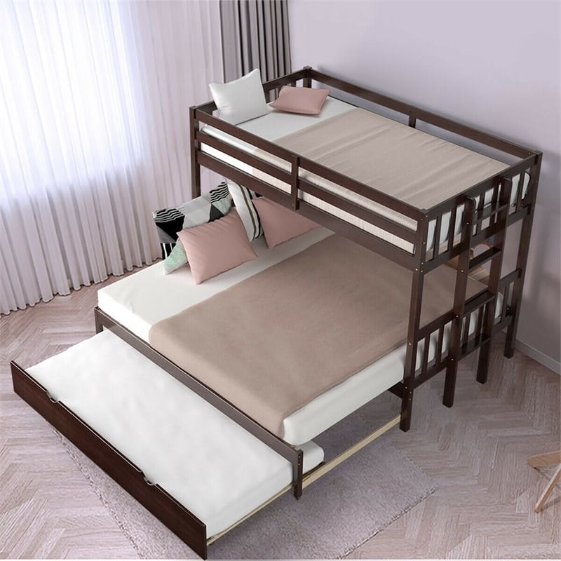 Pemberly Row Wood & PB Twin Over Twin Pull-Out Bunk Bed with Trundle in Espresso