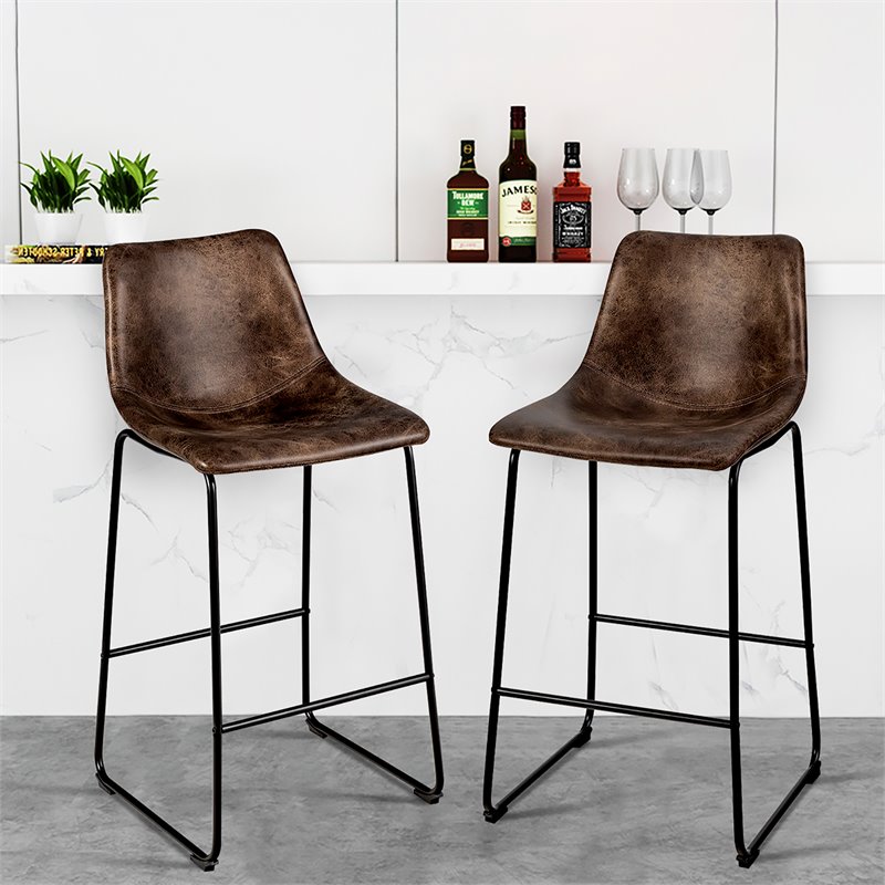 Pemberly Row Faux Suede Bar Stool with Metal Legs in Brown (Set of 2)