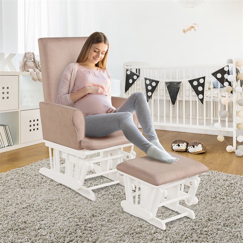 Pemberly Row Contemporary Fabric Rocking Chair Glider & Ottoman Set in Pink