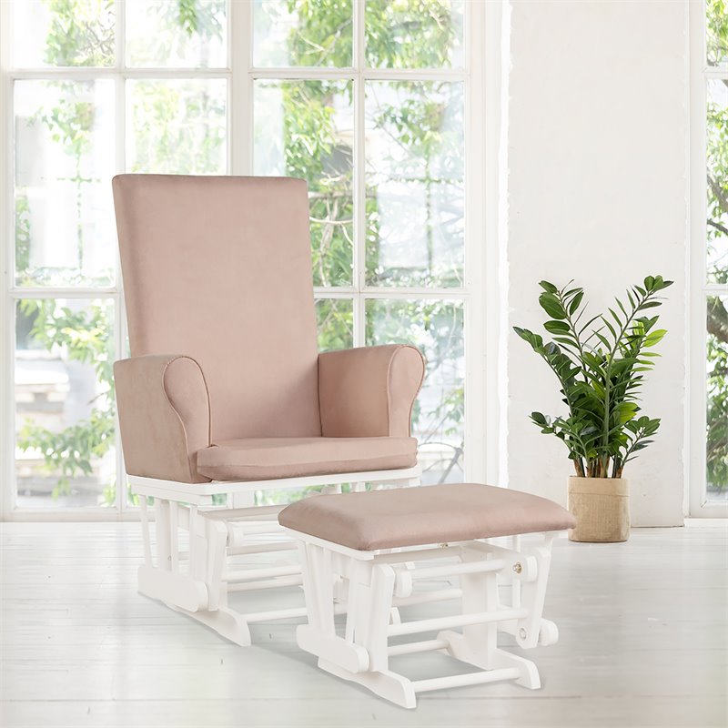 Pemberly Row Contemporary Fabric Rocking Chair Glider & Ottoman Set in Pink