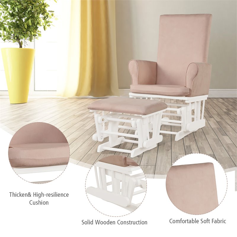 Pemberly Row Contemporary Fabric Rocking Chair Glider & Ottoman Set in Pink