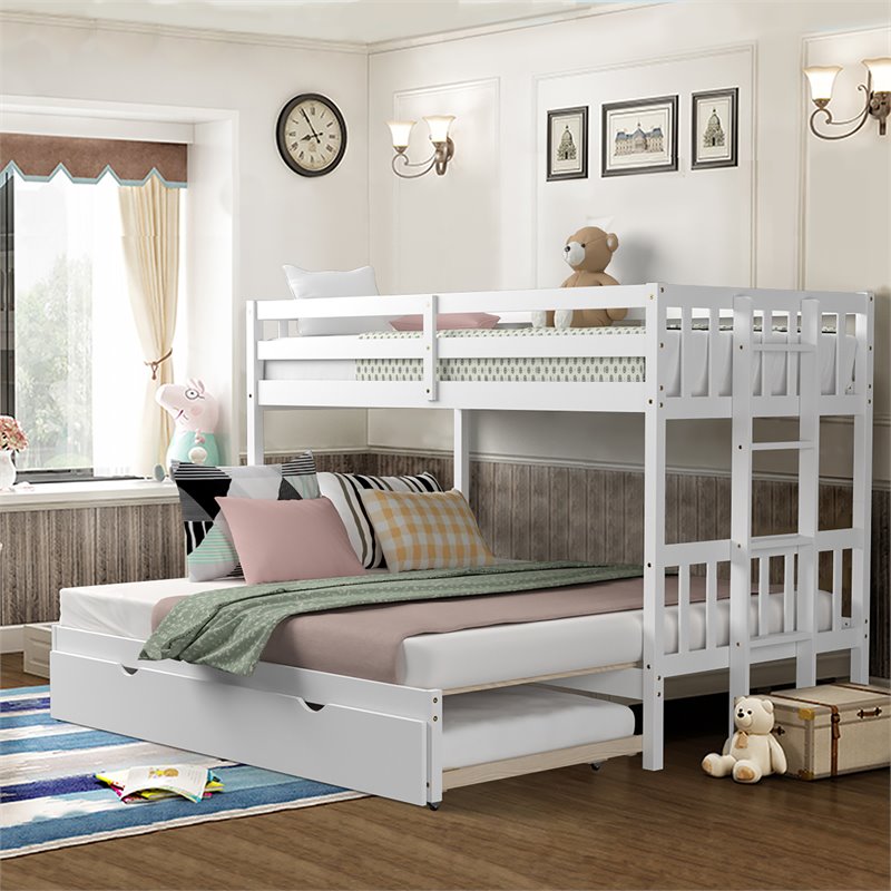 Pemberly Row Wood and PB Twin Over Twin Pull-Out Bunk Bed with Trundle in White