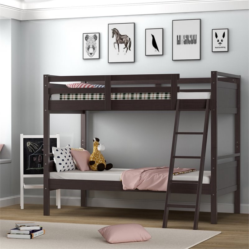 Pemberly Row Contemporary MDF and Wood Twin Over Twin Bunk Bed in Espresso