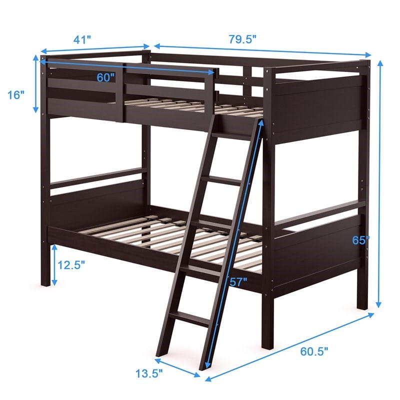 Pemberly Row Contemporary MDF and Wood Twin Over Twin Bunk Bed in Espresso