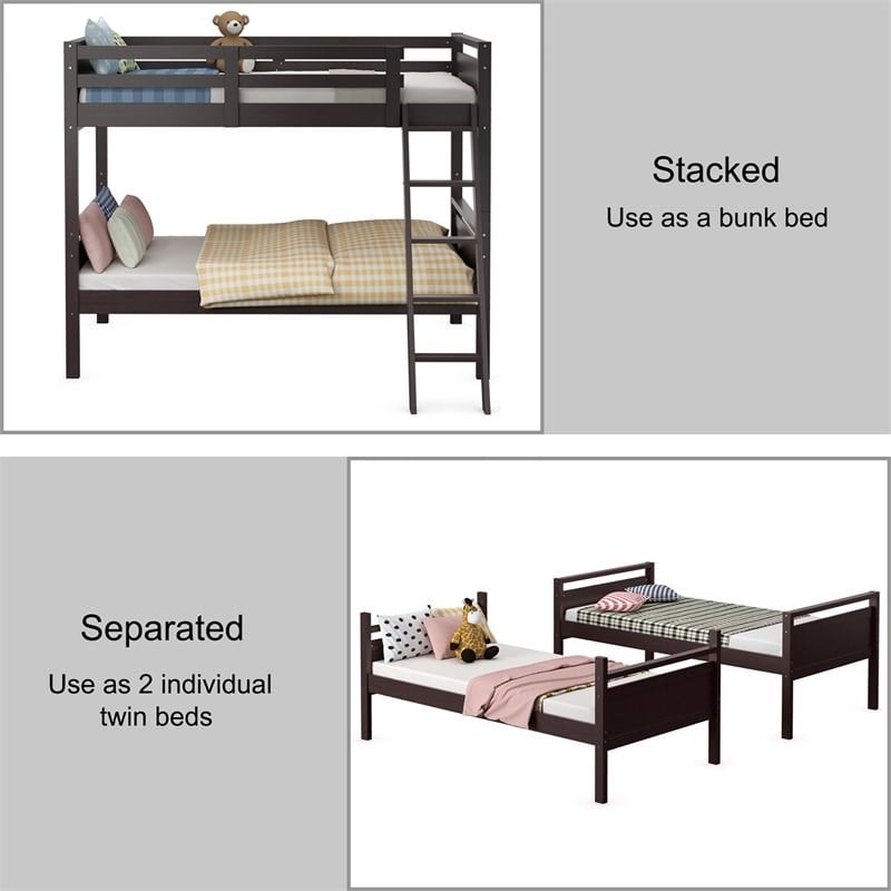 Pemberly Row Contemporary MDF and Wood Twin Over Twin Bunk Bed in Espresso