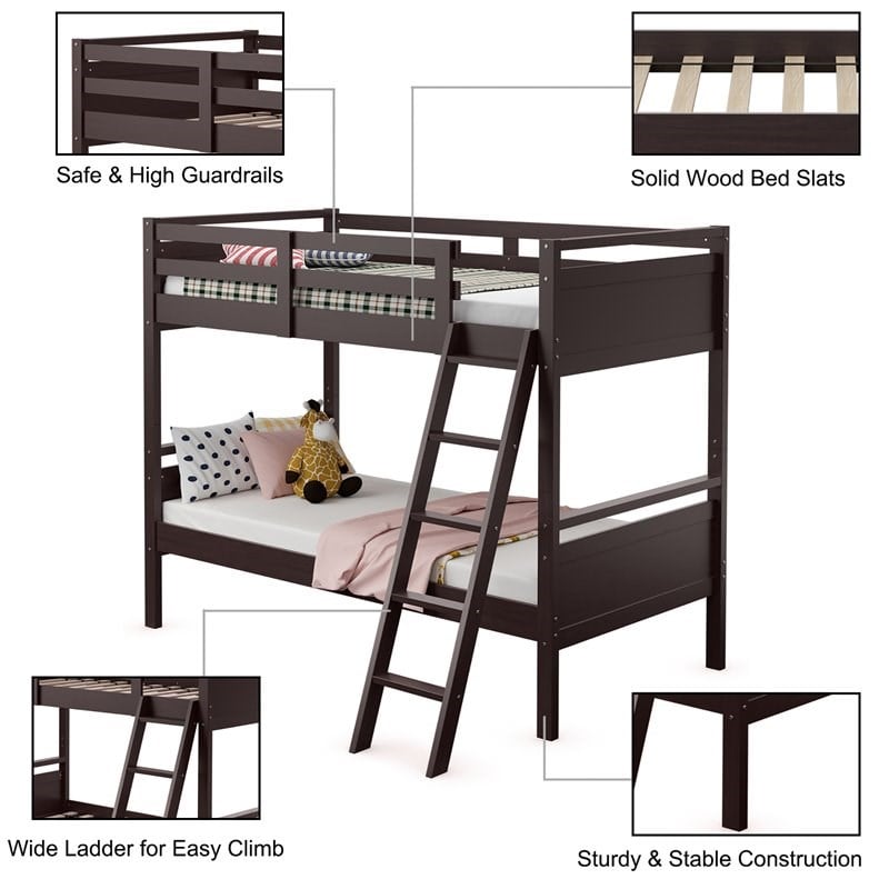 Pemberly Row Contemporary MDF and Wood Twin Over Twin Bunk Bed in Espresso