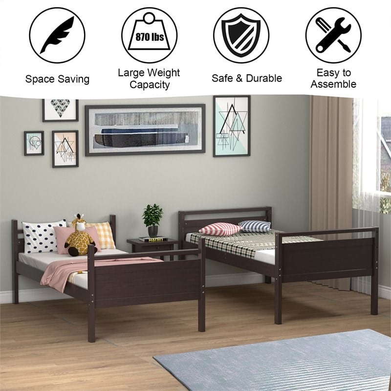 Pemberly Row Contemporary MDF and Wood Twin Over Twin Bunk Bed in Espresso