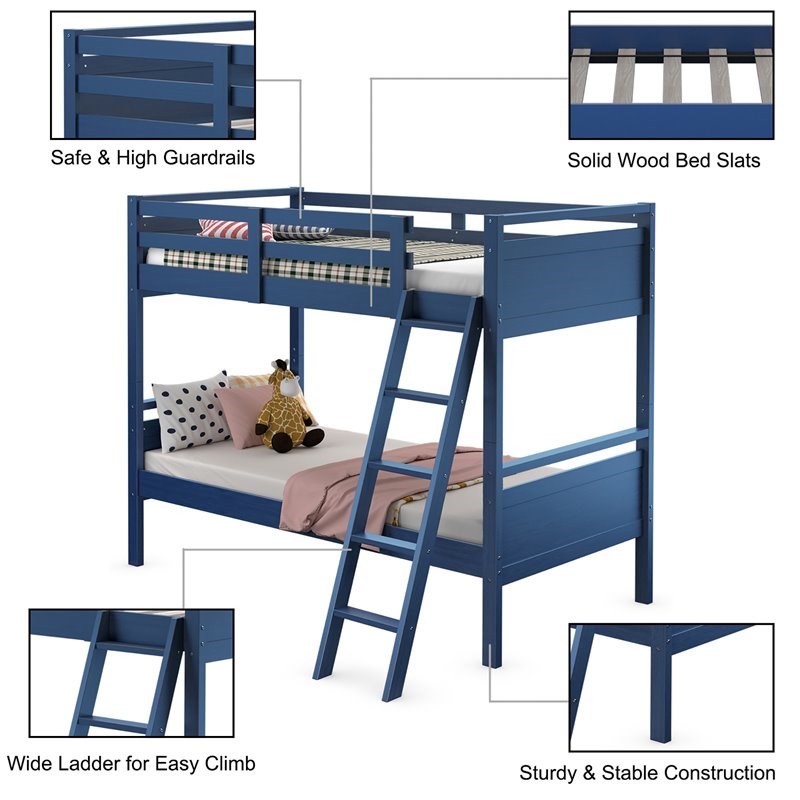 Pemberly Row Contemporary MDF and Wood Twin Over Twin Bunk Bed in Navy