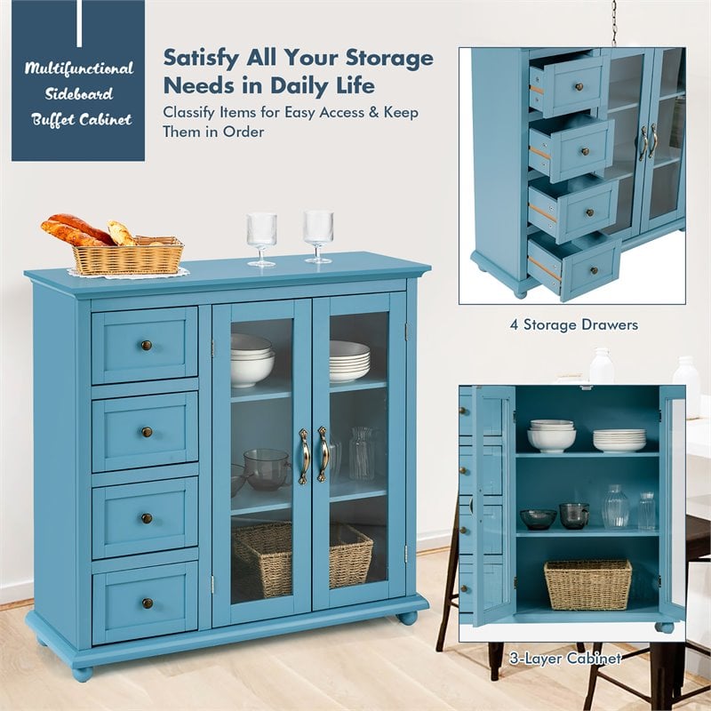 Pemberly Row Drawers & Doors Buffet Sideboard Table Kitchen Storage Cabinet-Blue