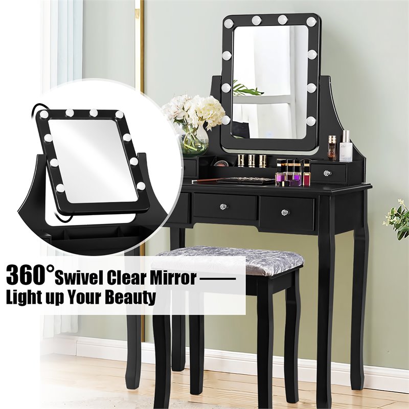 Pemberly Row Vanity Set with Dressing Table and Cushion Stool in Black