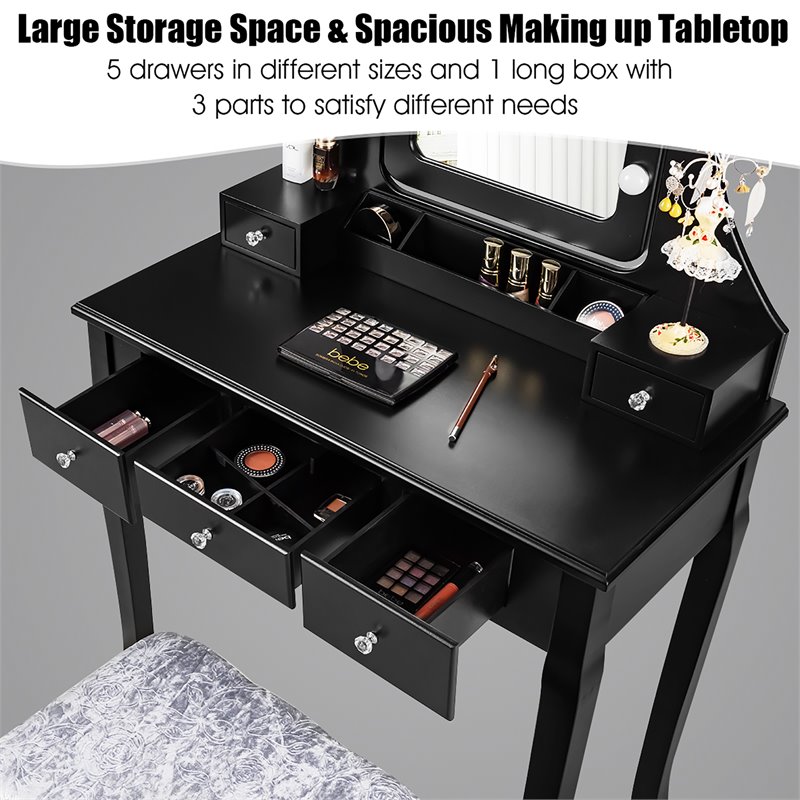 Pemberly Row Vanity Set with Dressing Table and Cushion Stool in Black