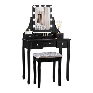 Pemberly Row Vanity Set with Dressing Table and Cushion Stool in Black
