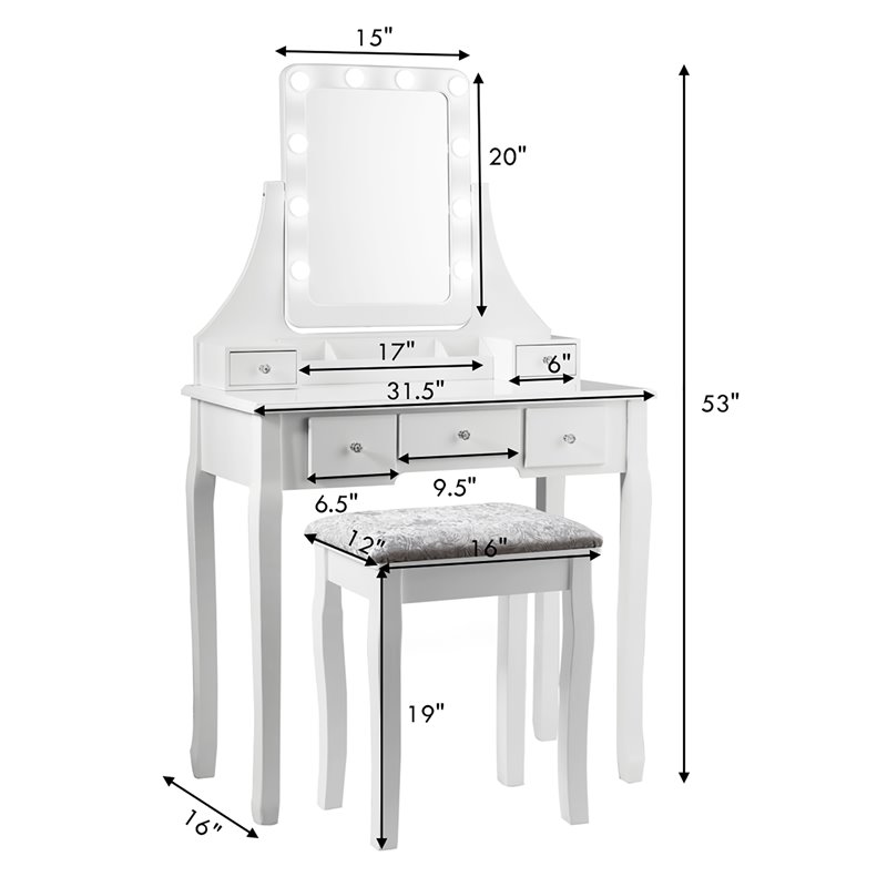 Pemberly Row Vanity Set with Dressing Table and Cushion Stool in White