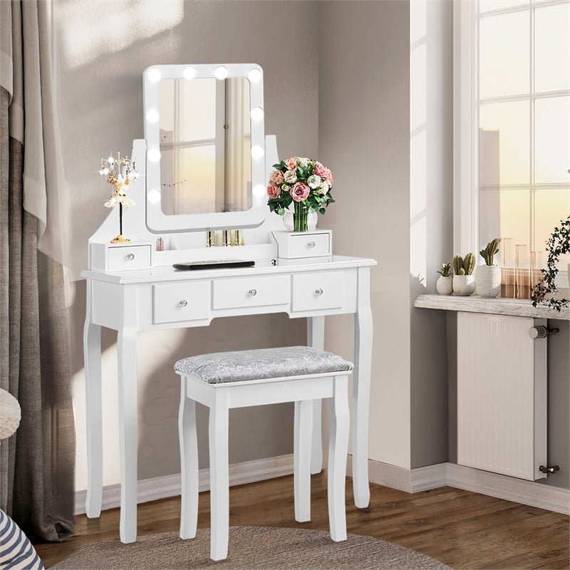 Pemberly Row Vanity Set with Dressing Table and Cushion Stool in White