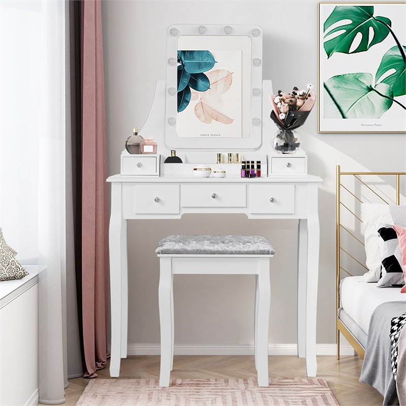 Pemberly Row Vanity Set with Dressing Table and Cushion Stool in White