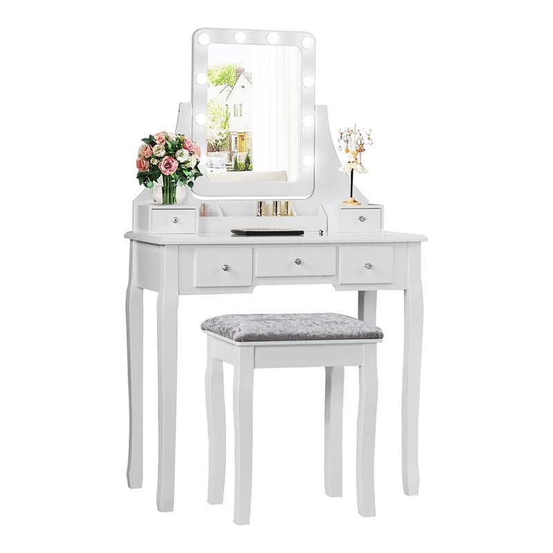 Pemberly Row Vanity Set with Dressing Table and Cushion Stool in White