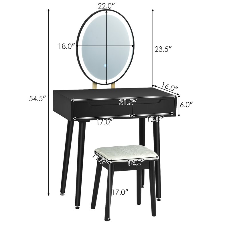Pemberly Row Touch Screen 3 Lighting Modes Dressing/Makeup Vanity Set in Black