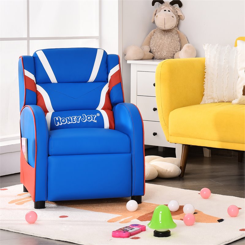 Pemberly Row Leather Kids Gaming Sofa Recliner Armchair w/ Side Pockets in Blue