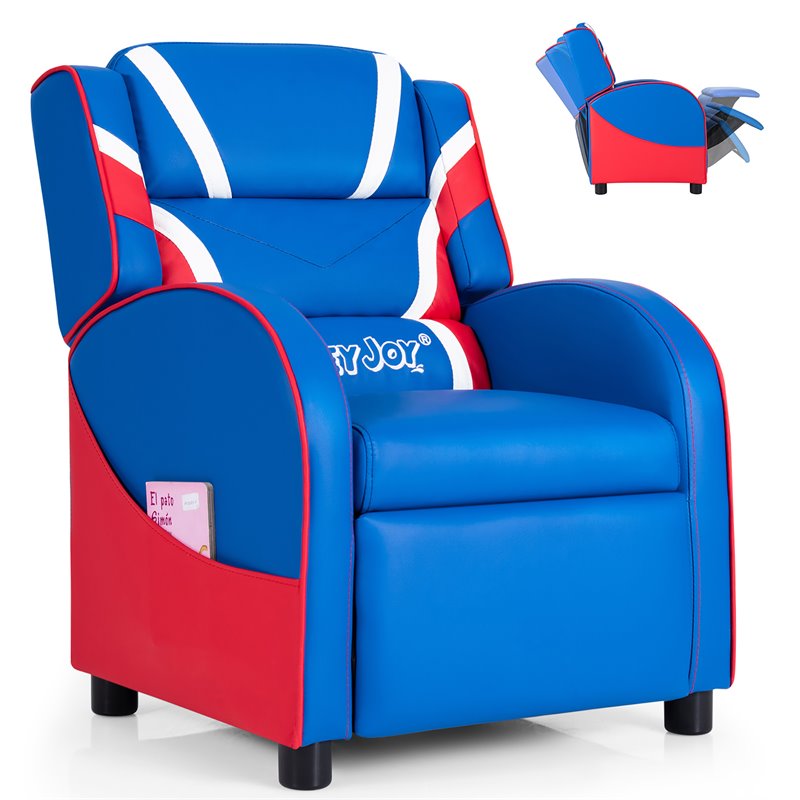 Pemberly Row Leather Kids Gaming Sofa Recliner Armchair w/ Side Pockets in Blue