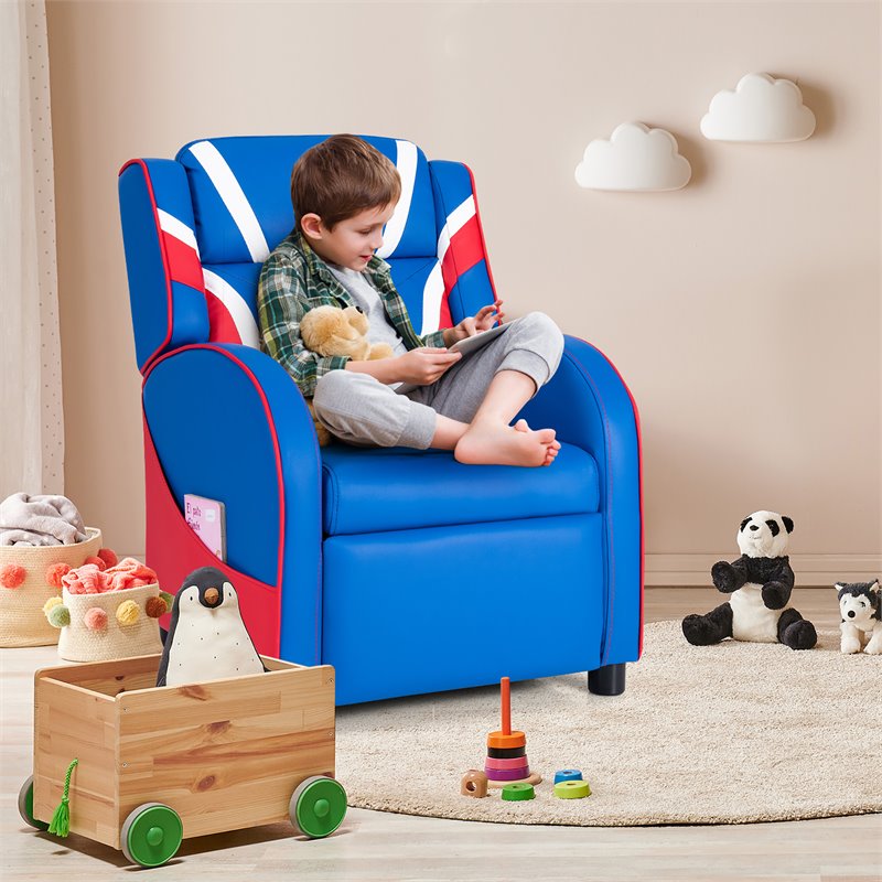 Pemberly Row Leather Kids Gaming Sofa Recliner Armchair w/ Side Pockets in Blue