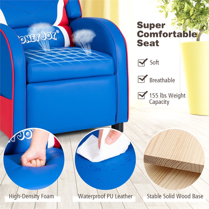 Pemberly Row Leather Kids Gaming Sofa Recliner Armchair w/ Side Pockets in Blue