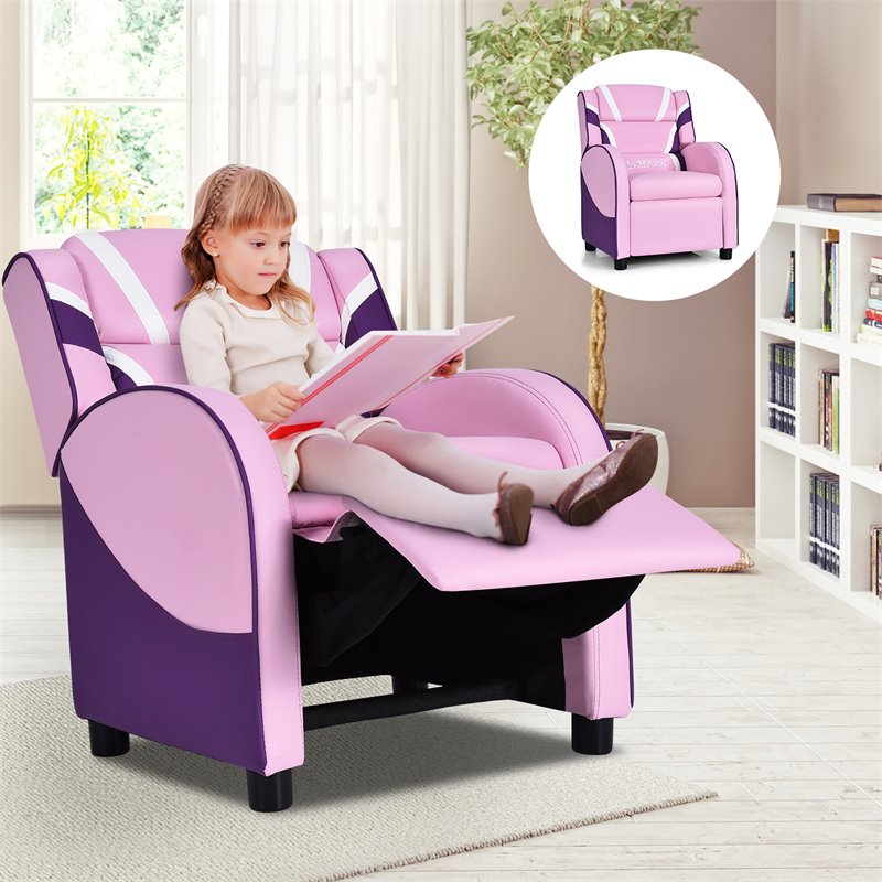 Pemberly Row Leather Kids Gaming Sofa Recliner Armchair w/ Side Pockets in Pink