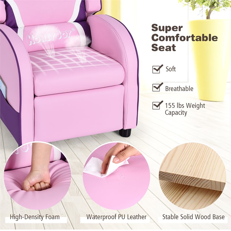 Pemberly Row Leather Kids Gaming Sofa Recliner Armchair w/ Side Pockets in Pink