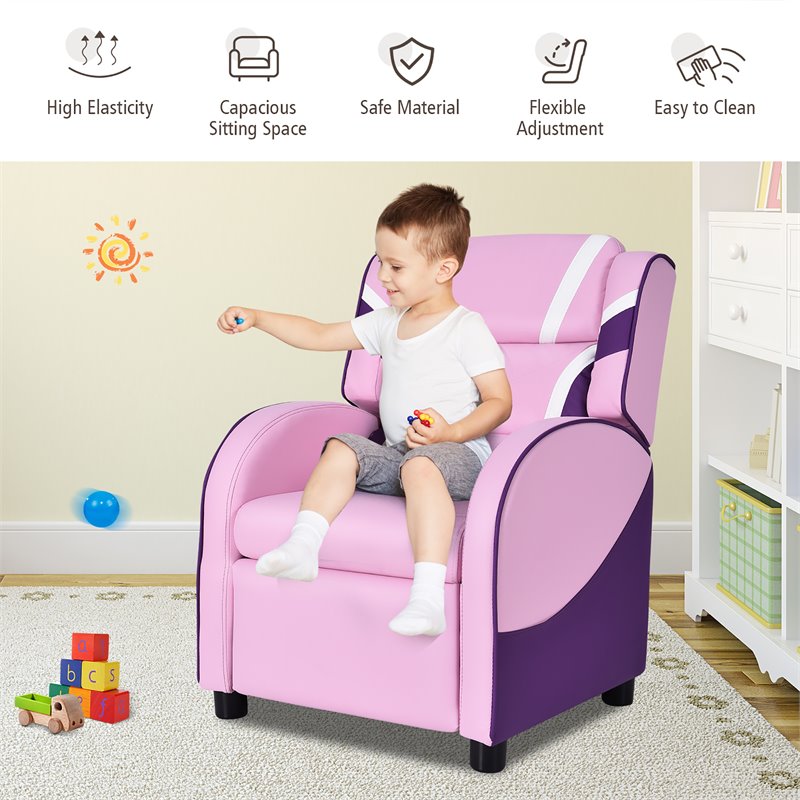 Pemberly Row Leather Kids Gaming Sofa Recliner Armchair w/ Side Pockets in Pink