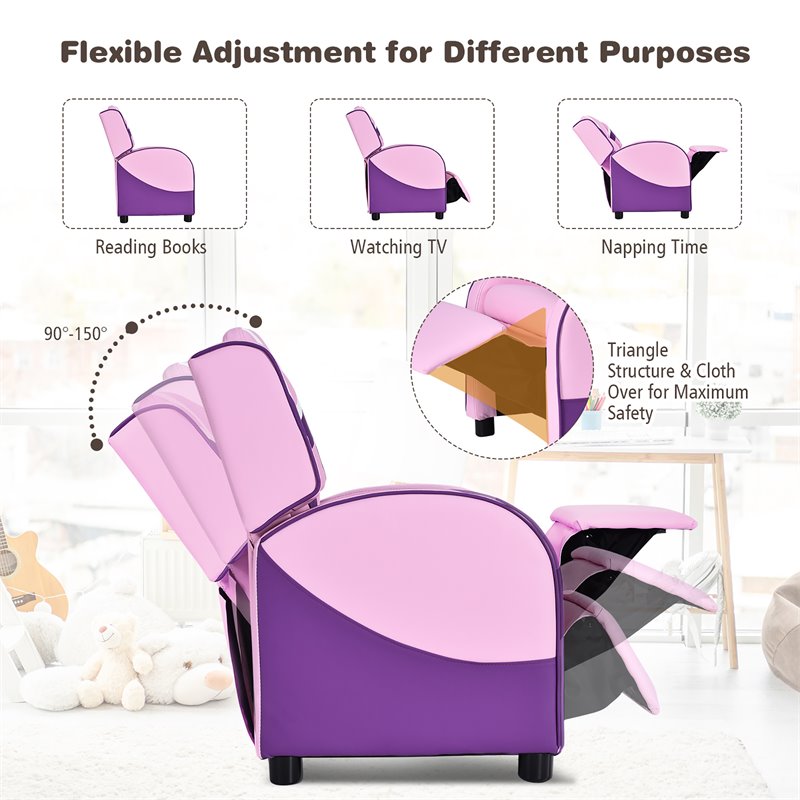 Pemberly Row Leather Kids Gaming Sofa Recliner Armchair w/ Side Pockets in Pink