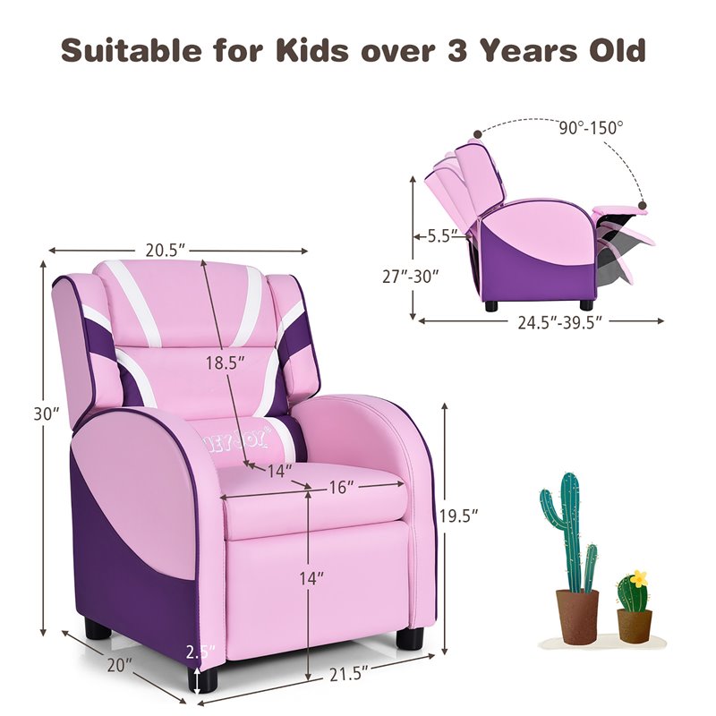 Pemberly Row Leather Kids Gaming Sofa Recliner Armchair w/ Side Pockets in Pink