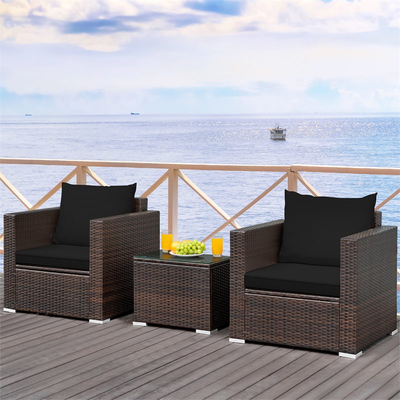 Pemberly Row 3-piece Rattan Patio Furniture Set with Cushions in Black