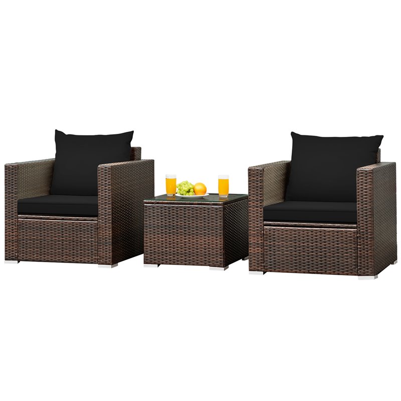 Pemberly Row 3-piece Rattan Patio Furniture Set with Cushions in Black