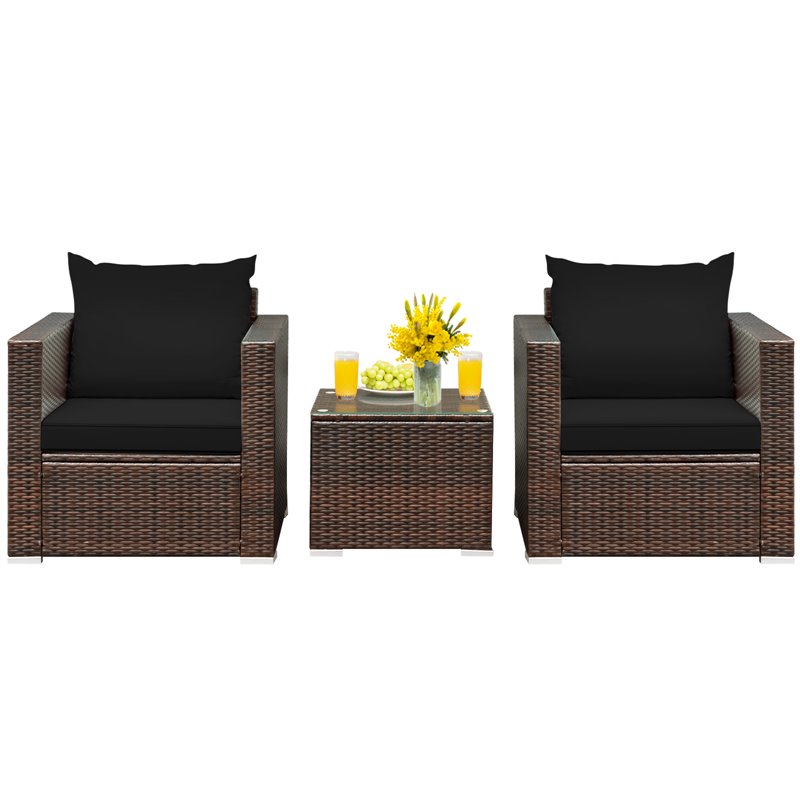 Pemberly Row 3-piece Rattan Patio Furniture Set with Cushions in Black