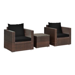 Pemberly Row 3-piece Rattan Patio Furniture Set with Cushions in Black