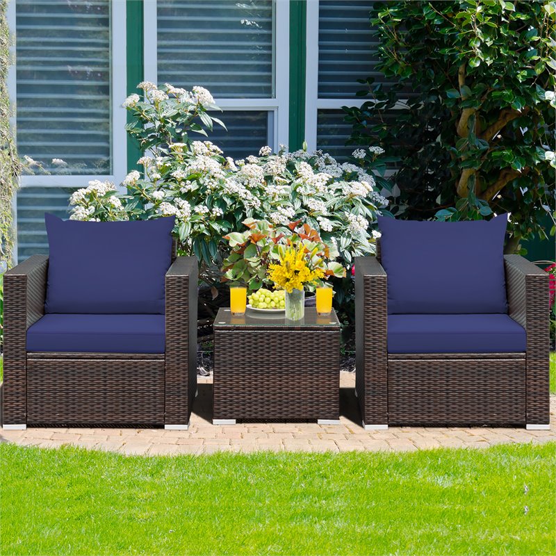 Pemberly Row 3-piece Rattan Patio Furniture Set with Cushions in Navy